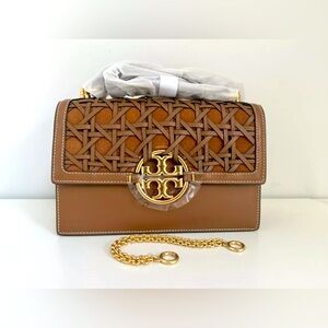 Tory Burch Miller Basket-weave Leather Suede Shoulder Bag Brown Gold Chain